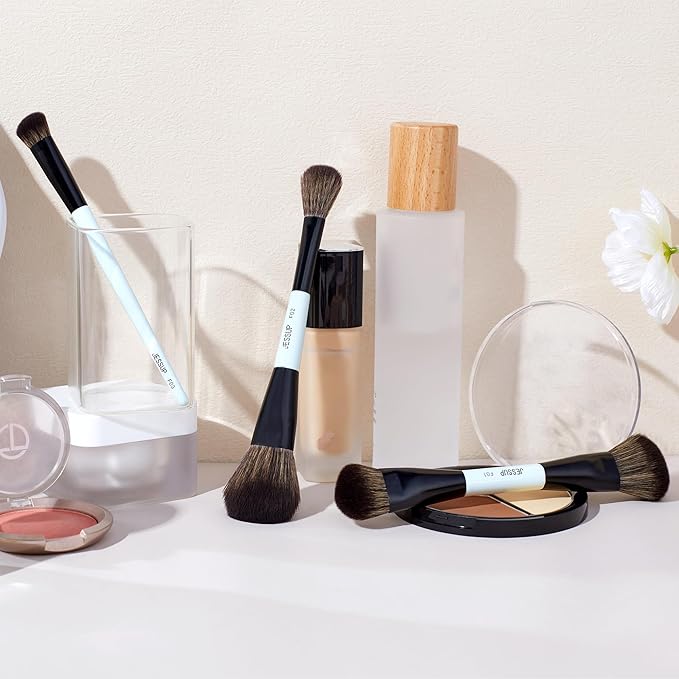 Jessup Face Makeup Brushes Blue 3pcs Double Ended Makeup Brush for Foundation Contour Blush Highlight and Concealer Brush, Premium Synthetic Brush Set T503