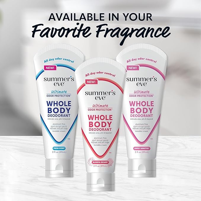 Summer's Eve, Whole Body Deodorant for Women, Ultimate Odor Control, Aluminum Free Deodorant, 3 Fl Oz + Simply Sensitive Daily Refreshing Feminine Wipes, Removes Odor, pH Balanced, 12 Count