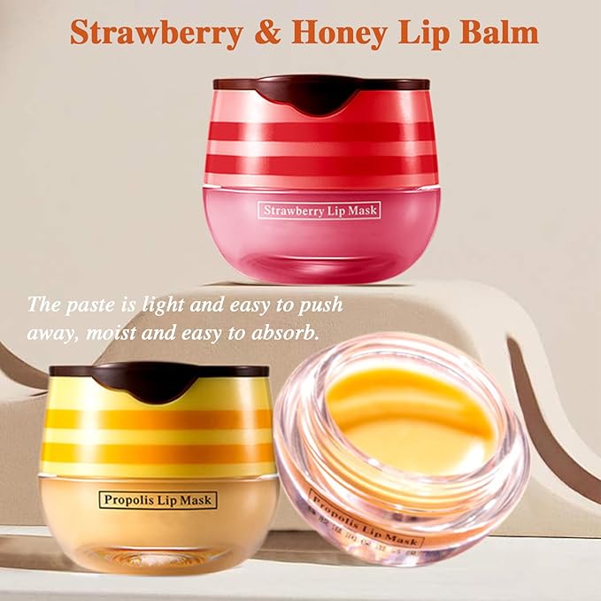 Honey Lip Balm Pot, 4 PCS Honey & Strawberry Lip Sleeping Mask Hydrating Propolis Lip Balm with Stick, Prevention Dry and Cracked Lip Scrubs Reduces Lip Wrink (2 Honey+2 Strawberry)