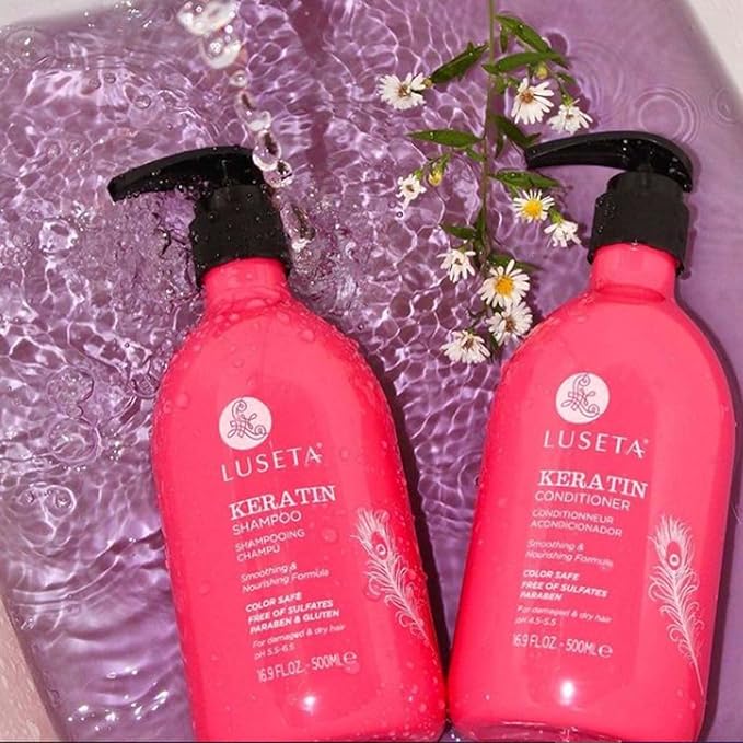 Luseta Keratin Shampoo Full + Travel Size Shampoo + Conditioner Set for Color Treated Damaged & Dry Hair, Keratin Hair Treatment for Smoothing& Nourishing (2x16.9 FL Oz + 2x1.01 FL Oz)