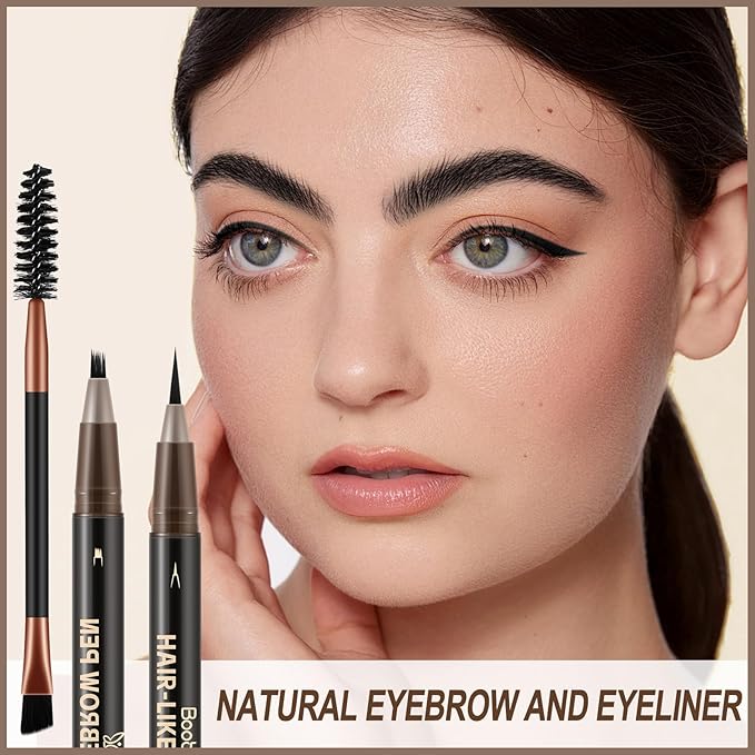 Boobeen 2pcs Waterproof Eyebrow Pen,Dual-Ended Eyeliner Microblading Eyebrow Pencil for Women,Long Lasting Hair-Like Brow Pen with Brow Brush,Dark Brown