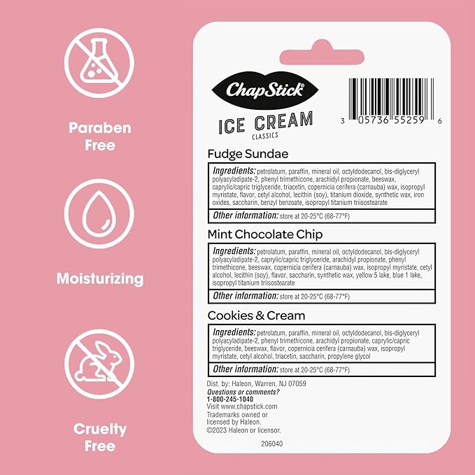 ChapStick Lip Moisturizer, Ice Cream 3-Packs (12 Sets/36 Tubes) - Bulk Lip Balm, Irresistible & Sweet, 0.15 Oz Ea