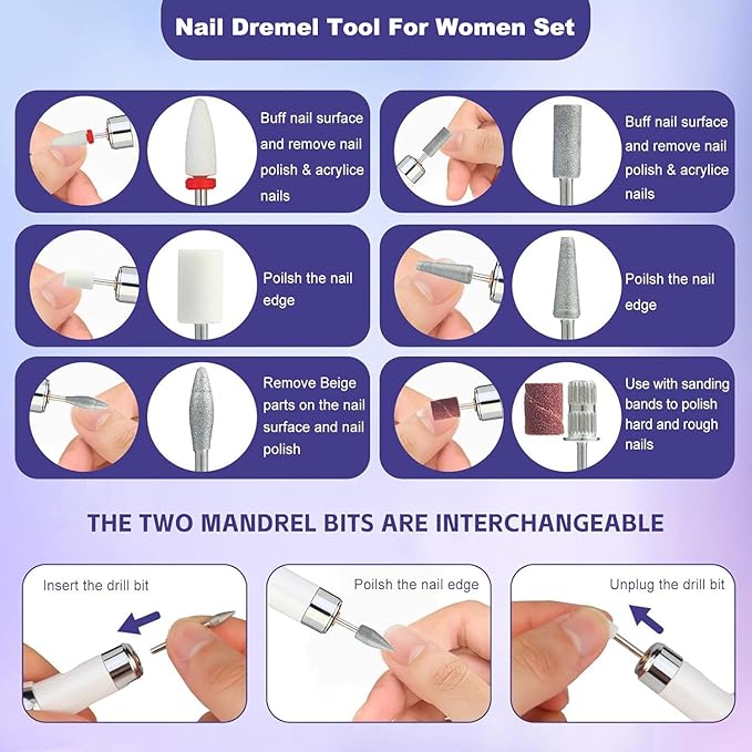 Electric Nail Drill File Cordless,Portable Rechargeable Nail File Kit for Acrylic & Gel Nails,Professional Efile for Manicure Pedicure Polishing,with 12 Nail Drill Bits 31 Sanding Bands,White