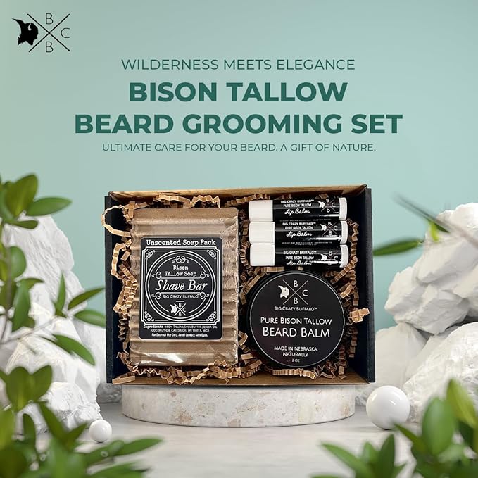 Pure Bison Tallow Beard Gift Set - Shave Bar, Beard Balm, Unscented Lip Balm - Conditions, Strengthens, Moisturizes, Soothes, Softens, Naturally Derived, No Dyes, Naturally Derived