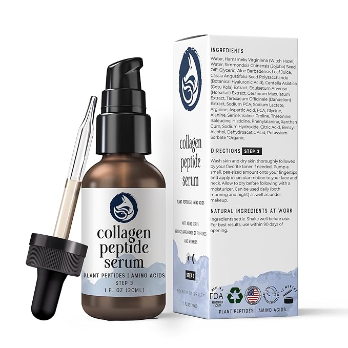 Peptides Serum for Face - Collagen Booster - Anti-Aging - Tighten Lift Hydrate & Plump All Skin Types, Reduce Fine Line & Wrinkles, All Natural Ingredients - Foxbrim Naturals (1 Fl Oz)