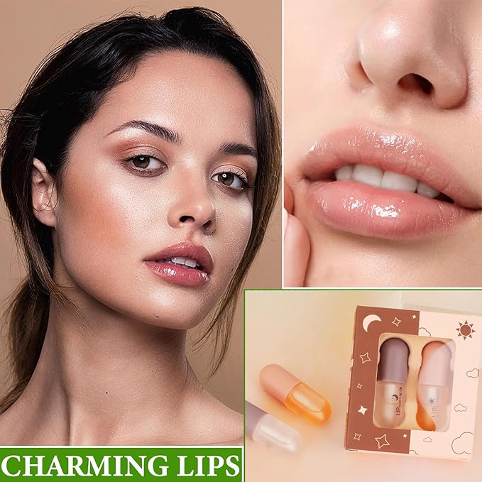 Lip Plumper Set,Lip Plumper Oil Gloss Moisturizing Lip Plumper Lip Care Serum,Hydrating Plump Gloss Reduce Fine Lines,Lip Plumper for Day & Night Use Set Bďź2Pcsďź