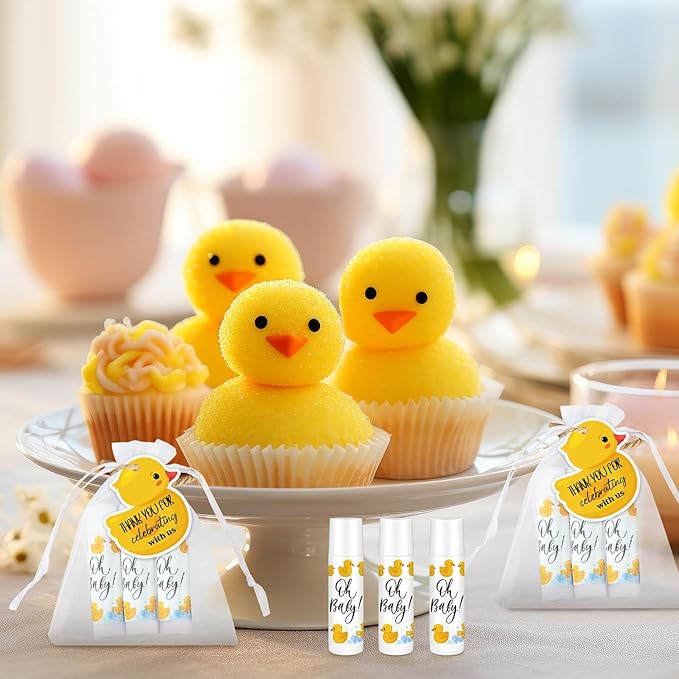 Demissle 50 Pcs Baby Shower Lip Balm Gift Set with 100 Pcs Organza Bags Baby Shower Party Favor for Guest Thank You Tag Rope Baby Shower Party Decoration Gender Reveal Souvenirs (Duck)