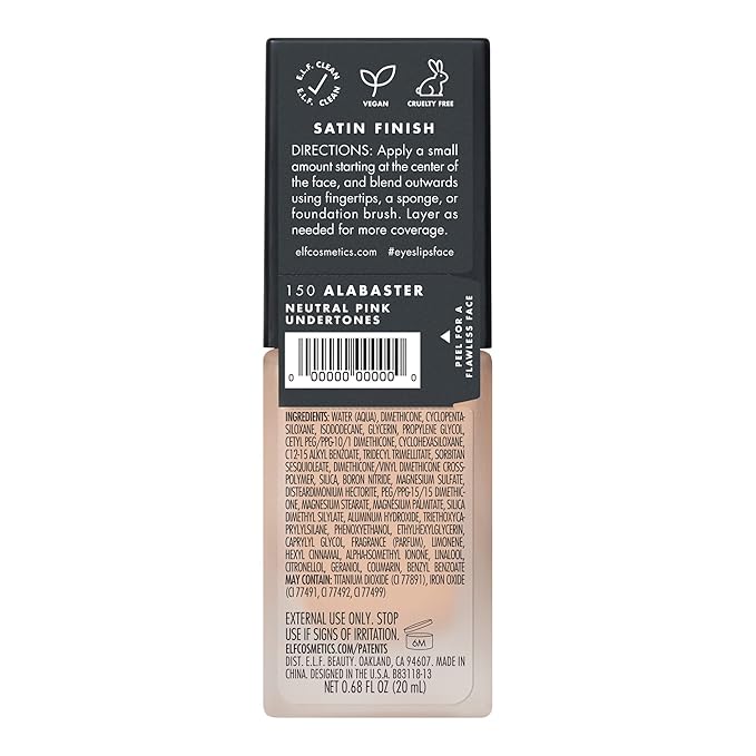 e.l.f. Flawless Finish Foundation, Lightweight & Medium Coverage, Semi-Matte Finish, Alabaster, 0.68 Fl Oz (20mL)