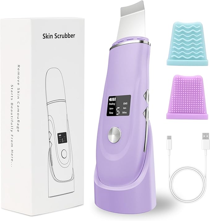 Skin Scrubber Facial Spatula - 4-in-1 Deep Cleansing Tool for Pore Extraction, Fast Charging Dock Blackhead Remover Face Spatula for Facial Skincare Women Gift (Purple)