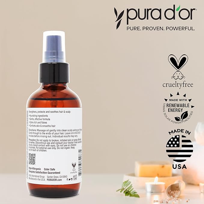 PURA D'OR Scalp & Hair Strengthening Oil (3.3oz x3 = 9.9oz) Supports Optimal Growth, Reduce Breakage, Nourish Roots for Healthier, Fuller, Thicker Hair - Rosemary, Castor & Peppermint Oil