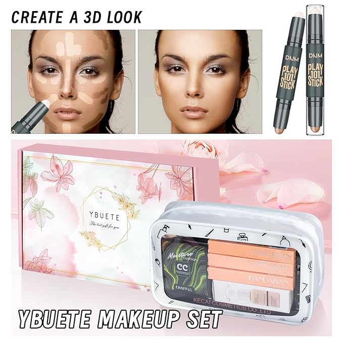 Makeup Kit Set for Women, Makeup Present for Women Teens Girl, Eyeshadow Palette Foundation CC Cream Primer Brush Spong Contour Lipstick Eyebrow Soap Mascara Eyeliner Cosmetic bag
