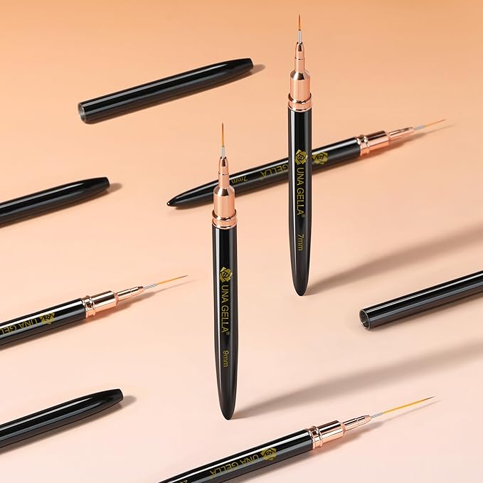 UNA GELLA Metallic Nail Art Brushes, Liner Pens Set 5Pcs Black Color For Nail Art Gel Polish - Thin Detail Nail Art Design Painting Brush Set For Nails Gel Fine Drawing Nail Tools Sizes 7/9/11/15/25mm