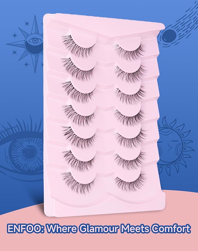 Short Lashes Natural Look Everyday Wispy False Eyelashes Clear Band Strip Eyelash Soft Lashes Fluffy Pack 7 Pairs SF-01