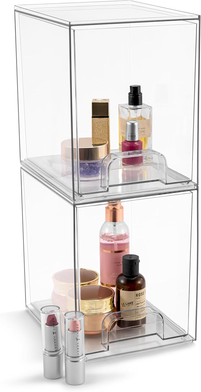 Sorbus Acrylic Storage Containers - 2 Pack, Stackable Storage Bins Set for Bathroom Organization - Clear Acrylic Drawer Organizers - Makeup Case Pull-Out Drawers (7.6’’ Tall)