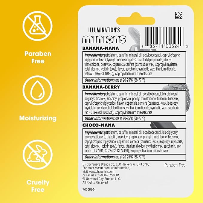 ChapStick Bulk Lip Balm Sets, Minions, 12 Banana Variety 3-Packs (36 Sticks Total), Party Favors for Kids, 0.15 Oz Ea