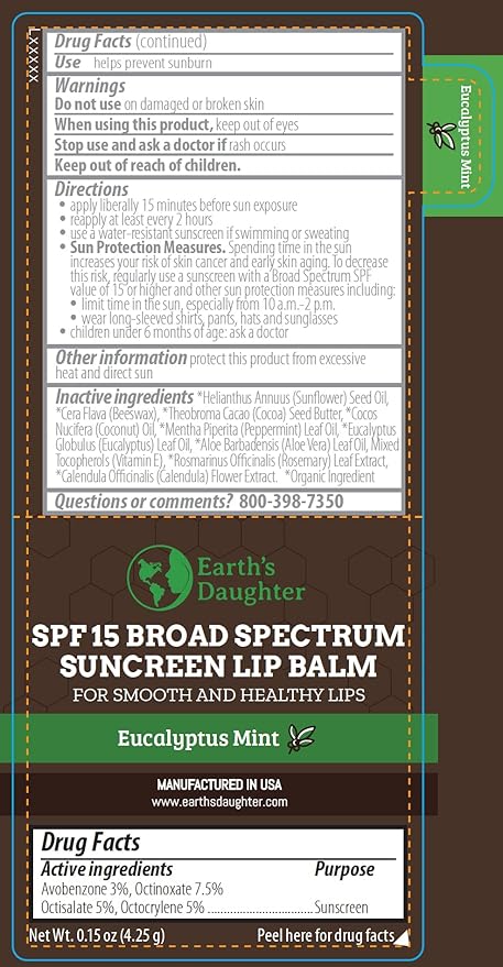 SPF Lip Balm 4-Pack by Earth's Daughter - Lip Sunscreen, SPF 15, Organic Ingredients, Eucalyptus Mint Flavor, Beeswax, Coconut Oil, Vitamin E - Hypoallergenic, Paraben Free, Gluten Free