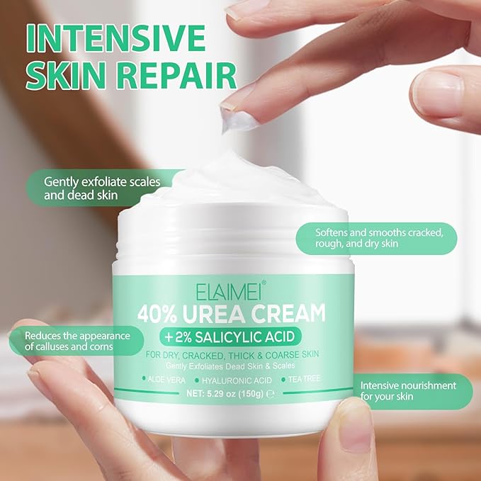J&H Jasmine&Hyacinth 40% Urea Cream with 2% Salicylic Acid, Aloe, Feet/Heel Cream Moisturizer for Dry Cracked Heel, Knees, Elbows, Hands, Callus Remover, Intensive Hydrating Treatment-5.3 OZ/150 G