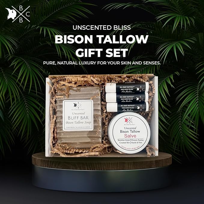 Pure Bison Tallow Unscented Gift Set - Buff Bar, Salve, & 3 Unscented Lip Balms - Cleans, Moisturizes, Soothes, Naturally Derived - No Dyes, Chemicals, Fragrances, or Preservatives