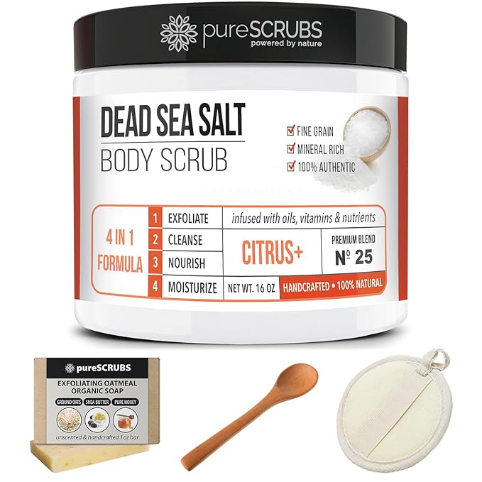 pureSCRUBS Premium Citrus Body Scrub Set - Large 16oz Dead Sea Salt Body Scrub With Infused Essential Oils & Nutrients, Includes Wooden Spoon, Loofah & Oatmeal Exfoliating Bar Soap