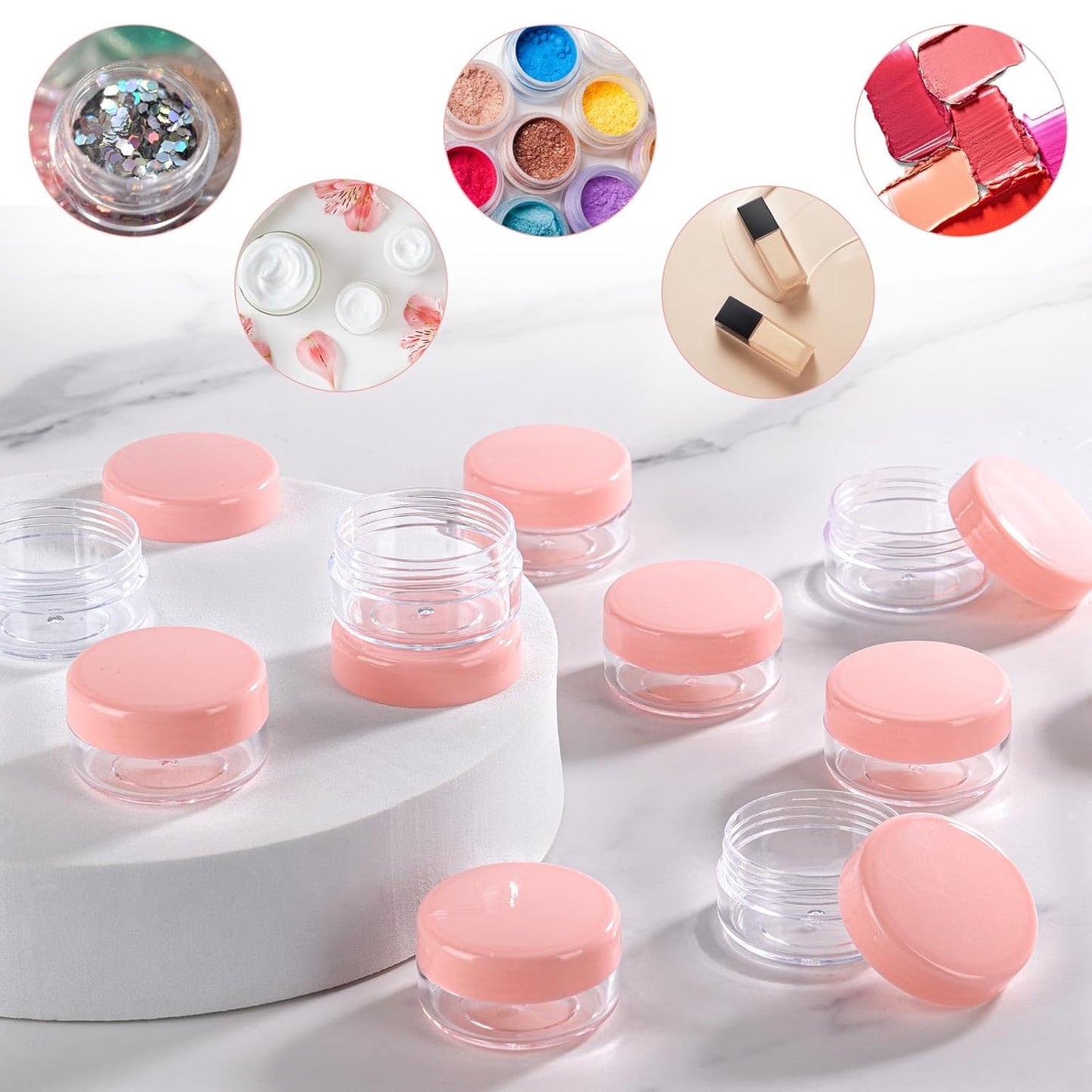 100 Count Sample Containers with Lids, 10 Gram Small Plastic Makeup Jars Lip Scrub Cosmetic Container - Pink