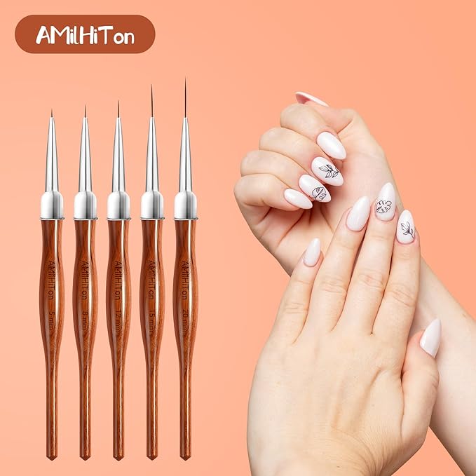 Nail Art Liner Brushes, 5Pcs Wooden Nail Brushes for Fine Drawing & Detailed Nail Art, Gel Polish Painting Tools for Long Lines & Nail Design Sizes 5/8/12/15/20mm(Wood color)