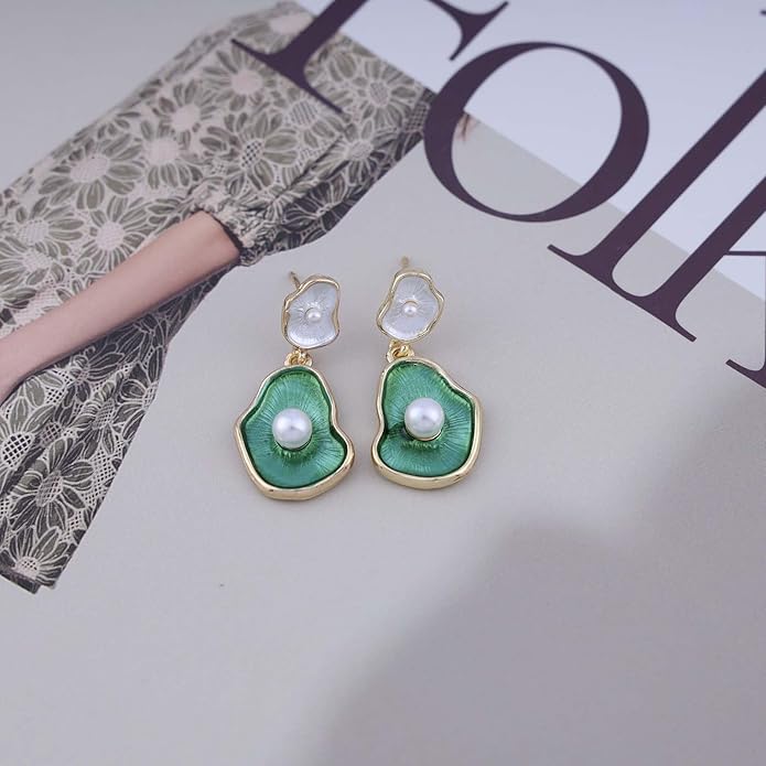Vintage Lotus leaf Pearl Drop Earrings Green Lotus Leaf Earrings Green Enamel Flower Earrings Gold Irregular Pearl Earrings Jewelry for Women