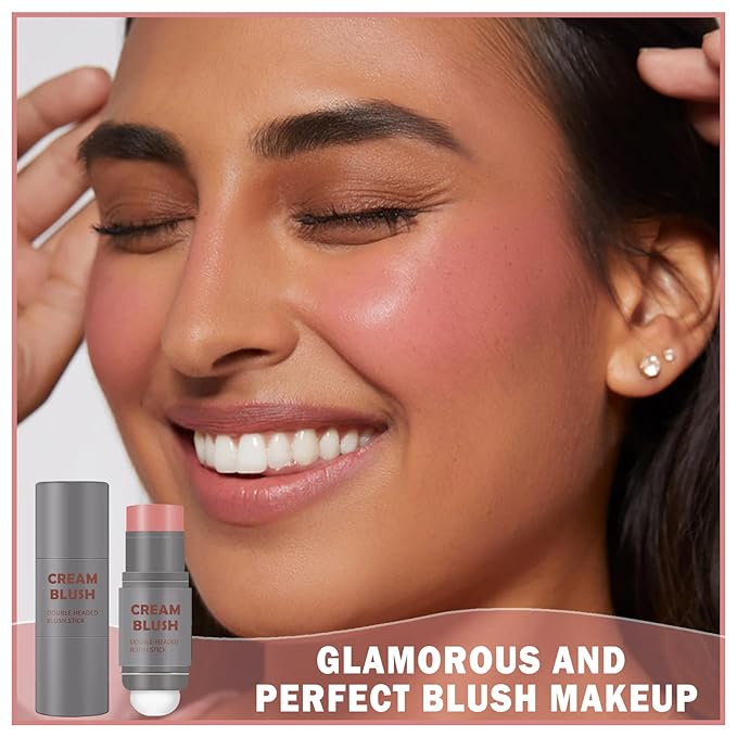 Cream Blush Stick with Sponge 3 in 1 Multi-Use Blush Makeup Stick Long Lasting Waterproof Natural Matte Cream Blush Stick for Cheeks, Lips and Eyes - Rose Red