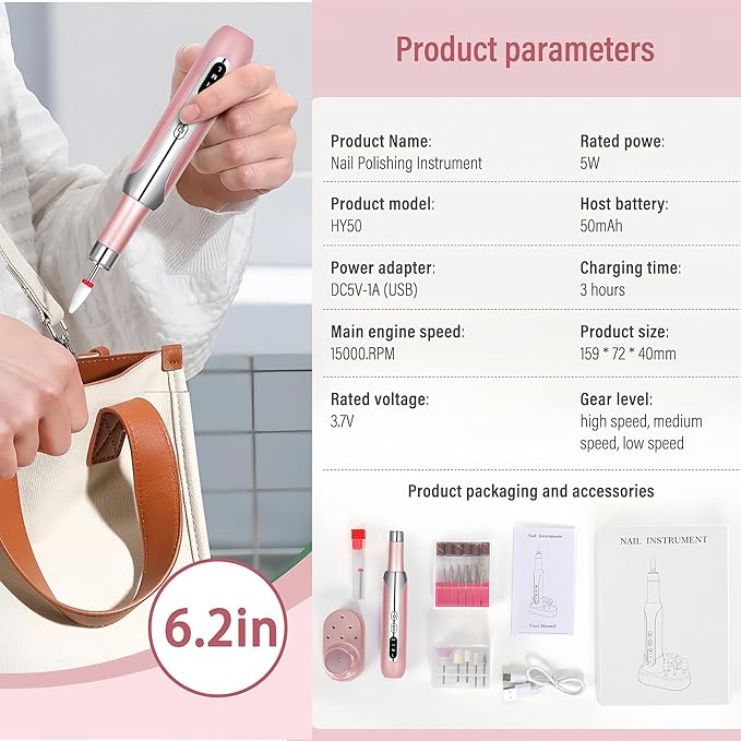 Electric Nail Drill File Cordless,Portable Rechargeable Nail File Kit for Acrylic & Gel Nails,Professional Efile for Manicure Pedicure Polishing,with 12 Nail Drill Bits 31 Sanding Bands,Rose Gold
