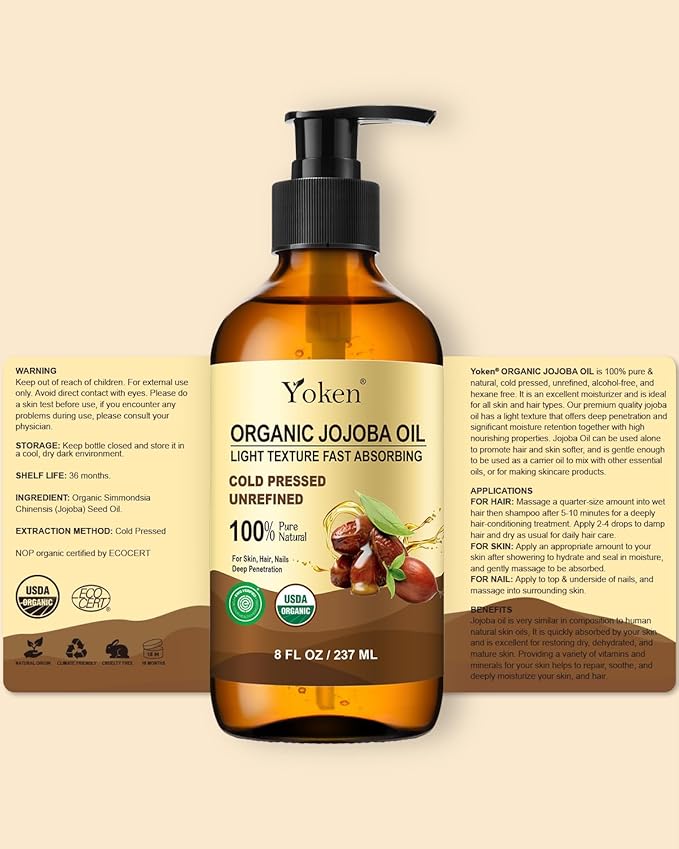 Yoken Organic Jojoba Oil Glass Bottle 8 fl oz, USDA Certified 100% Pure & Natural Jojoba Oil for Hair, Skin & Face, Cold Pressed Unrefined Hexane Free, Deeply Moisturizing Body Serum Oils for Gua Sha