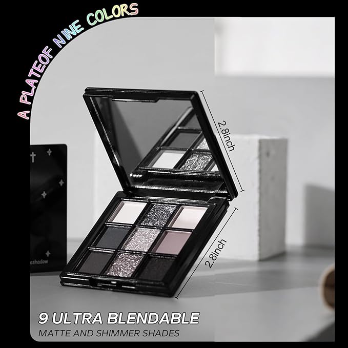 Erinde 9 Color Smokey Eyeshadow Palette, Highly Pigmented Matte & Glitter Shades,Black Silver Gray Eye Shadow Set for Halloween Makeup, Long-Lasting, Waterproof & Blendable, Reversal Star Smokey