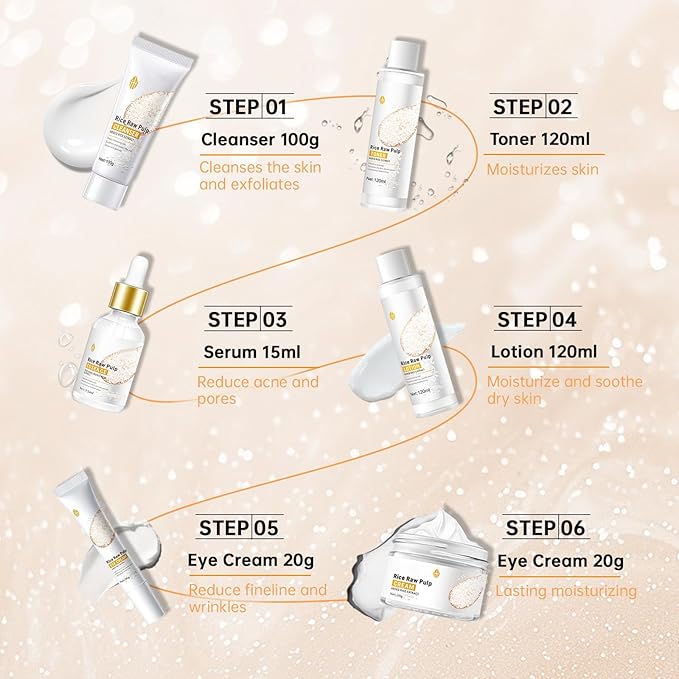 Rice Deep Nourishing Facial Care Set, 6Pcs Face Care Set for Women, Skin Care Set Includes Facial Cleanser, Toner, Lotion, Essence, Cream and Eye Cream.