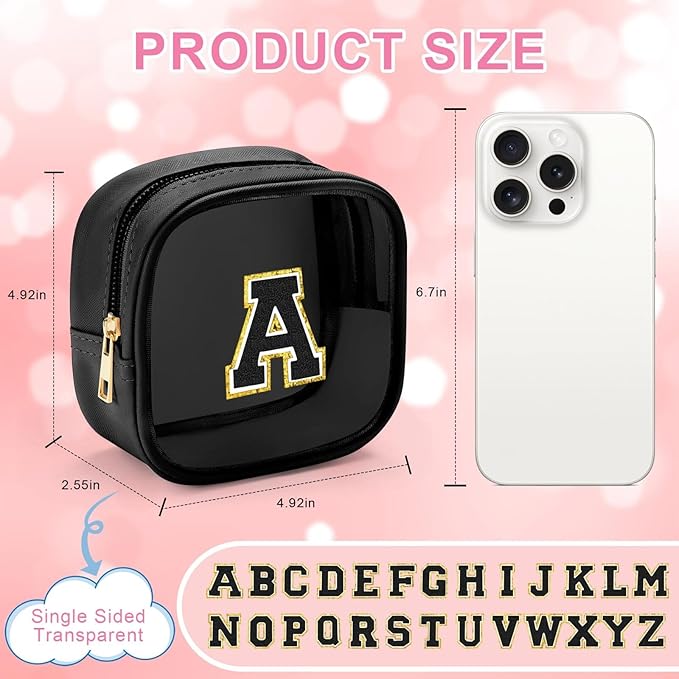 YOOLIFE Initial Makeup Bag Travel Toiletry Bag, Clear Makeup Bag Car Accessories For Women Clear Makeup Bags With Zipper Girlfriend Teacher 13 Year Old Girl Gifts Daughter Girl Gifts Mini Black L