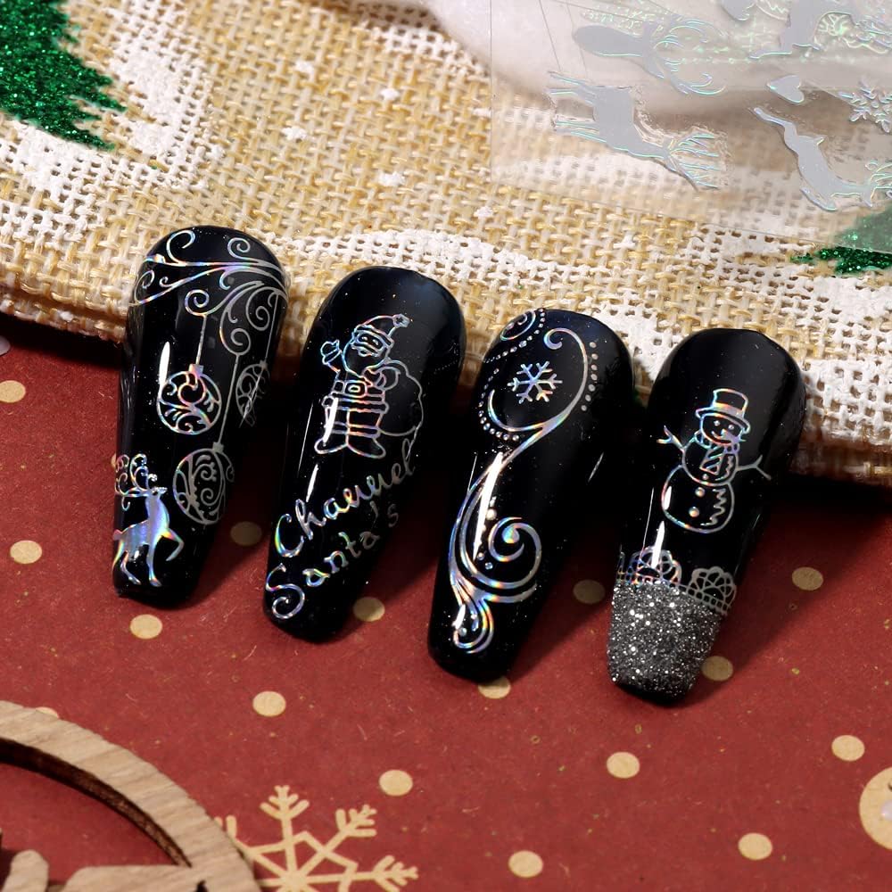 9 Sheets Aurora Christmas Nail Art Stickers Decals Self-Adhesive Pegatinas Uñas Glitter Rose Gold Snowflakes Winter Nail Supplies Nail Art Design Decoration Accessories