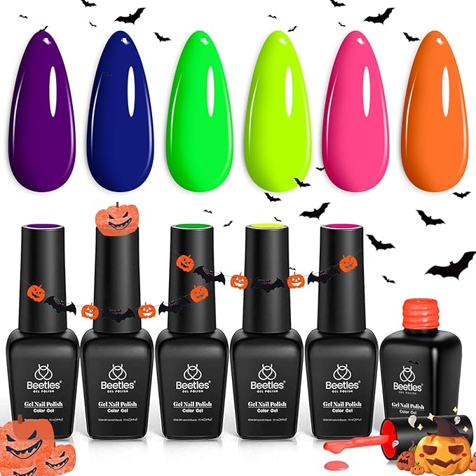 Beetles Halloween Gel Nail Polish Set - Dopamine Pleasure 6 Colors Gel Polish, Neon Orange Hot Pink Blue Yellow Green Purple Soak Off Uv Led Nail Art Manicure Gift for Women