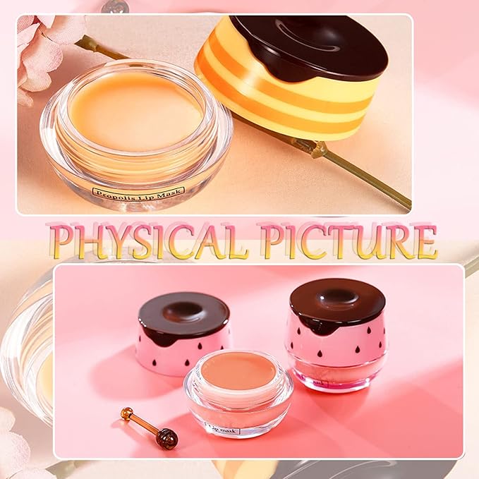 Bee Lip Balm Honey Pot, 4 PCS Strawberry & Honey Lip Masks Hydrating Prevention Dry and Cracked Lip Scrubs Exfoliator,Lip Sleep Mask Reduces Lip Lines,Lip Exfoliating Bee Lip Balm Sleeping Lip Mask