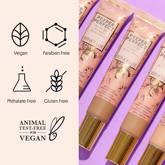 Winky Lux Peeper Perfect Under Eye Concealer, Makeup & Brightener, Full Coverage Concealer for Dark Circles, Color Corrector & Eye Primer, Collagen & Hyaluronic Acid (Deep)