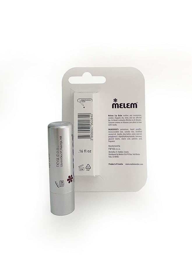 Melem Lip Balm with Lanolin, Moisturizing, Long Lasting, for Dry, Cracked and Chapped Lips in Silver Stick (.16 ounces)