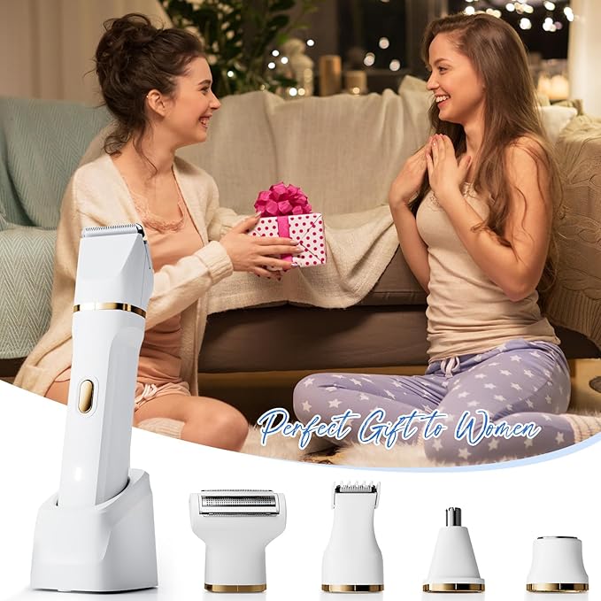 ele ELEOPTION Electric Razors for Women 5-in-1 Waterproof Wet Dry Electric Shaver with USB Charge Dock, Legs Hair Remover, Body Shaver for Beard Bikini Trimmer for Women White
