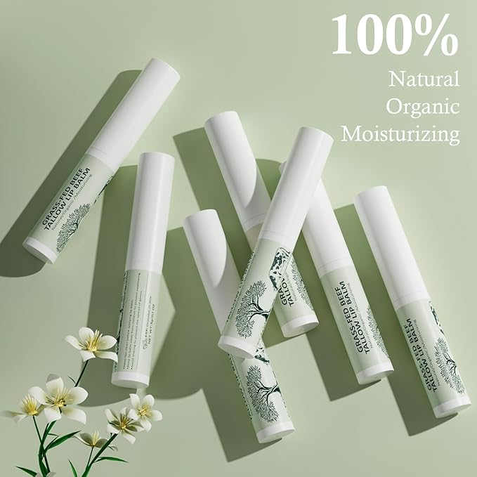 Tallow Lip Balm, Natural Lip Balm, Beef Tallow for Skin, Tallow Balm, All Natural Unscented 100% Grass Finished Beef Tallow Chapstick Organic Moisturizing Hydrates Dry Lips Moisturizer for Lip Care