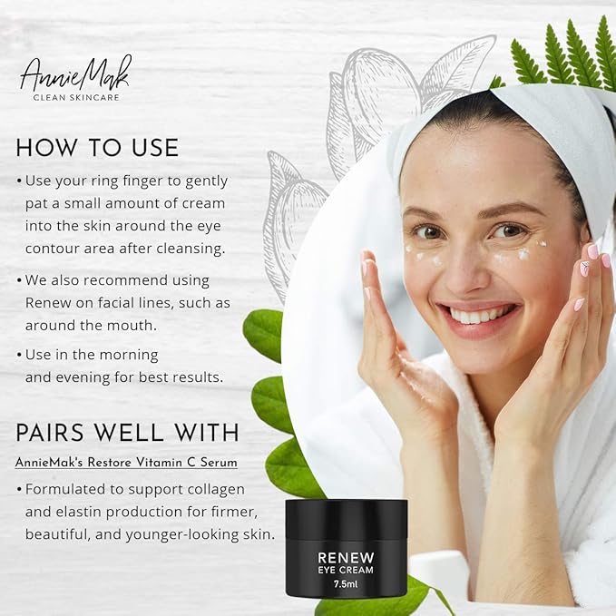 AnnieMak Renew Eye Cream for Dark Circles, Puffiness & Wrinkles Around Eyes, Under Eye Brightener, Vitamin Infused Moisturizer, Hydrating, Brightening & Smoothing Skin Care (0.25 fl oz)