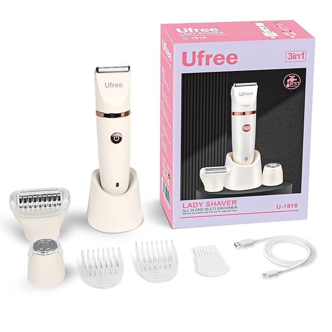 Ufree Bikini Trimmer Electric Razors for Women, Rechargeable Pubic Hair Trimmer Electric Shaver for Legs Body Hair, Bikini Shaver IPX7 Waterproof, White