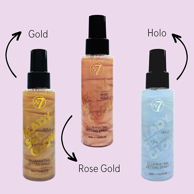 W7 Ready Set Glow Trio - 3 Piece Set - Makeup Setting Spray - Shimmer Finish - Long-Lasting, Ultra-Fine Formula (Rose Gold, Gold & Holo)