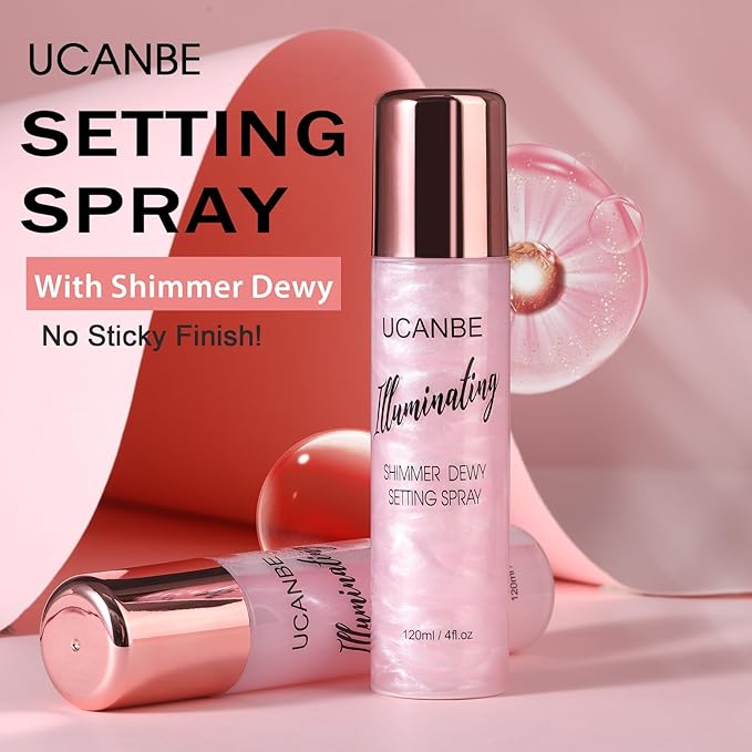 UCANBE Shimmer Dewy Setting Spray – Glowing + Makeup Setting Spray 2 in 1 Lightweight Formula for a Radiant Glow,Long-Lasting Face Mist for Face Body, 4 Fl Oz #Bubblegum