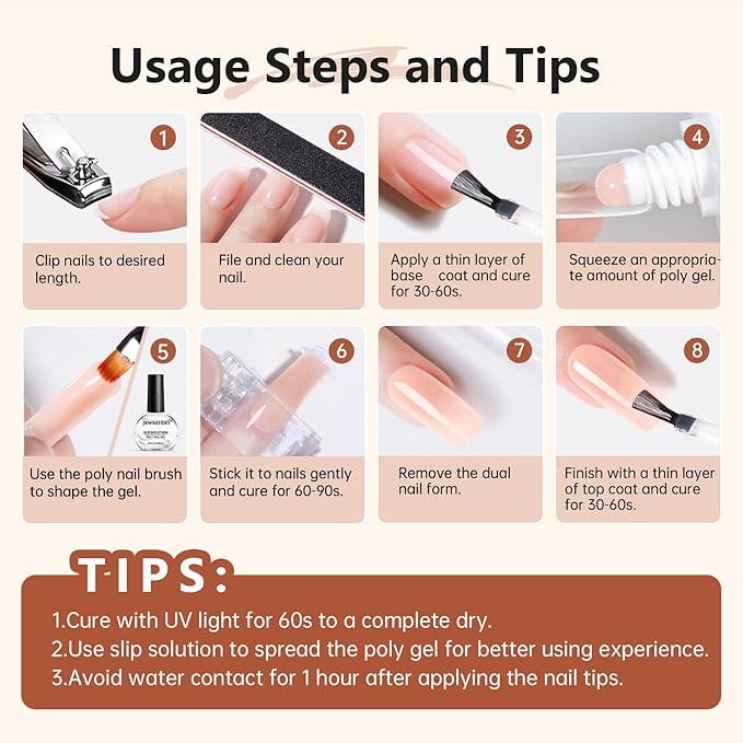 JEWHITENY Poly Extension Gel Nail Set Clear White Pink Poly Nail Gel With Slip Solution Base Coat Top Coat French Manicure for Finger Art and Home DIY Need U V Lamp Curing