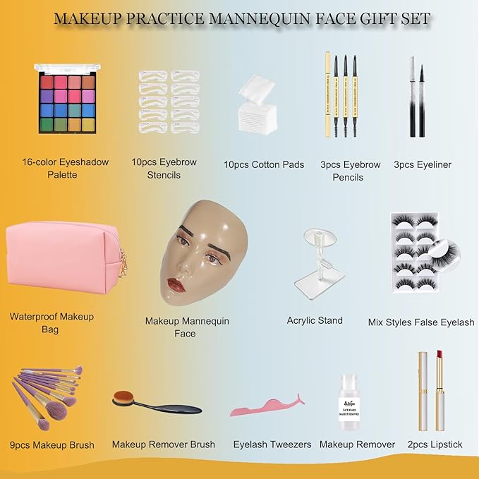 Makeup Practice Face Board, 5D Makeup Mannequin Face with Makeup Practice Kit for Makeup Artist, Beginners Face Makeup Practice, Eyelash Eyeliner Eyebrow Mapping, Come with Makeup Tools & Makeup Bag