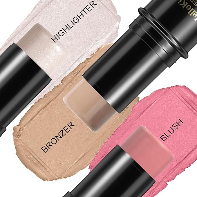 3 Pcs Face Contour Stick Kit, Matte Finish Face Stick Trio with Bronzer Blush Highlighter and Brush, Long Lasting Waterproof Cream Beauty Wand Makeup Set for Sculpt Glowing Face Look (#1, 8, 13)