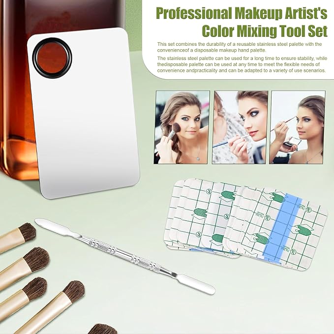 Makeup Mixing Palette Set, Makeup Hand Palette Single Use Makeup Mixing Tray Disposable Adhesive Cosmetic Makeup Palette Transparent Makeup Tape, Stainless Steel Foundation Mixing Palette with Spatula