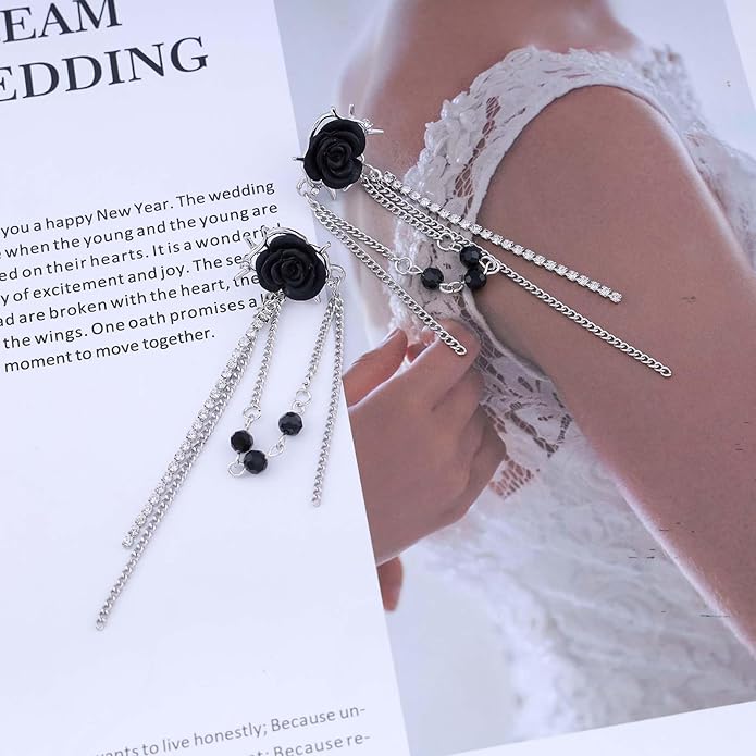 Punk Black Rose Flower Earring Long Rhinestone Chain Drop Earrings Silver Cz Tassel Chain Earrings Black Rose Flower Ear Cuff Earring Jewelry for Women