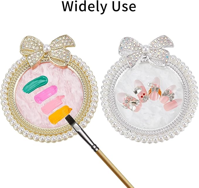NICENEEDED 2 PCS Resin Nail Art Palette, Nail Art Painting Mixed Color Makeup Palette with Pearls, Rhinestone Bowknot Edge Nail Polish Palettes Nail Art Display Board for Nail Salon