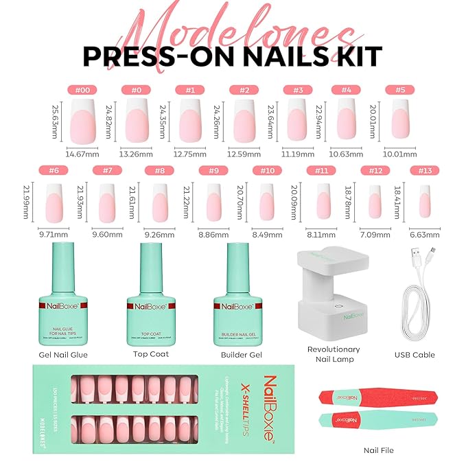 Gel Nail Kit, Top Coat, Nail Builder Gel and Nail Glue for Nail Tips, Press On Nails Kit with LED Light, 150 PCS Long Pink Square, 15 Sizes French Tip Press on Nails
